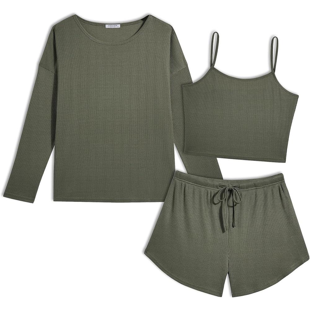 imageEkouaer 3 Piece Waffle Knit Lounge Set for Women Long Sleeve and Cami Top with Shorts Pajama Sets for All SeasonsSage Green