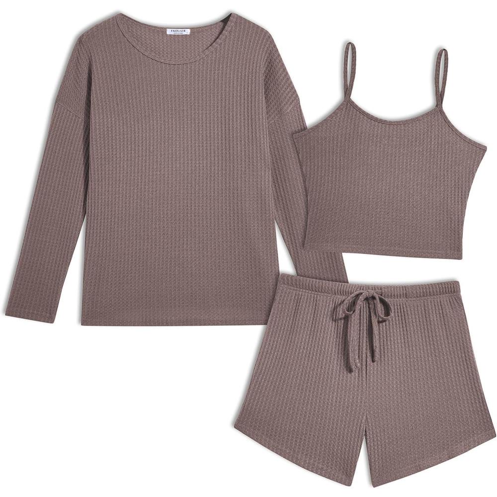 imageEkouaer 3 Piece Waffle Knit Lounge Set for Women Long Sleeve and Cami Top with Shorts Pajama Sets for All SeasonsTaupe Gray