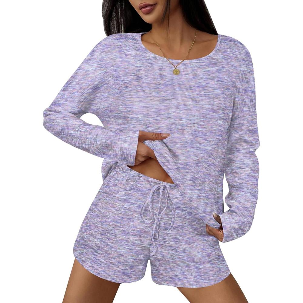 imageEkouaer 3 Piece Waffle Knit Lounge Set for Women Long Sleeve and Cami Top with Shorts Pajama Sets for All SeasonsTiedyePurple