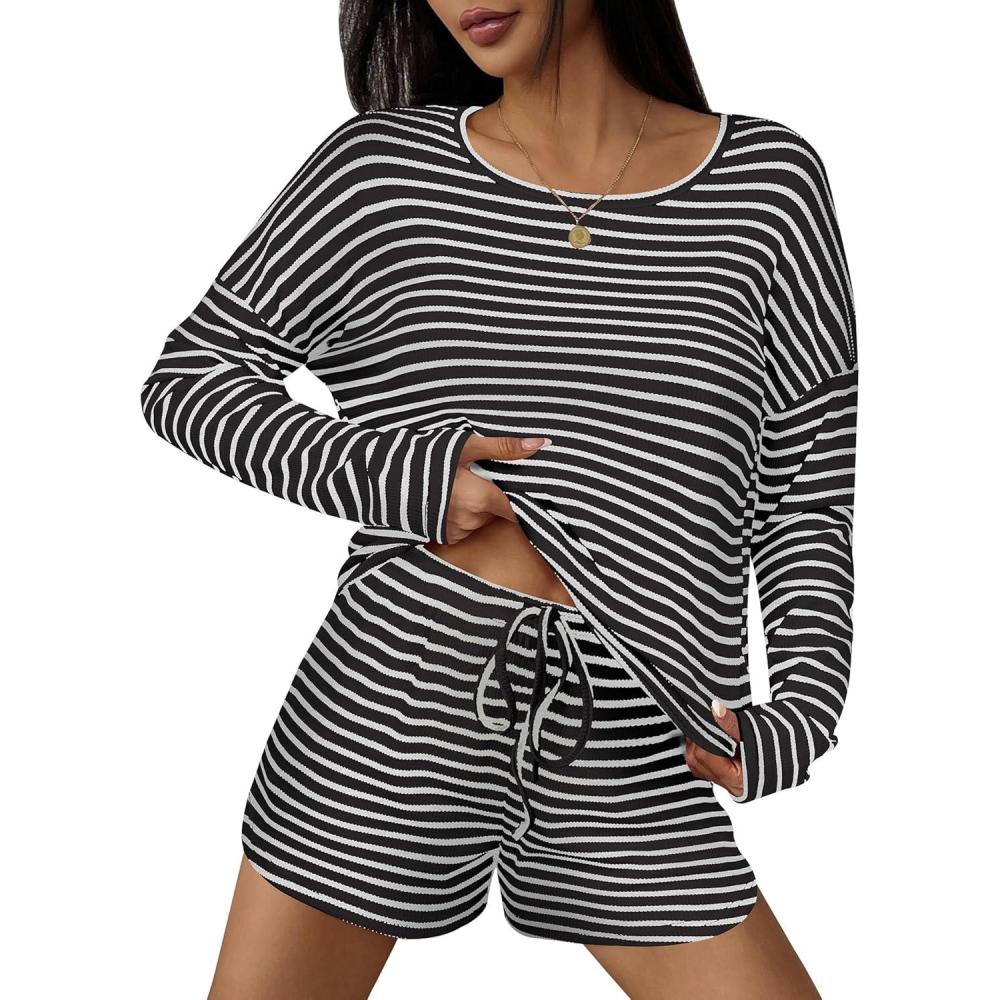 imageEkouaer 3 Piece Waffle Knit Lounge Set for Women Long Sleeve and Cami Top with Shorts Pajama Sets for All SeasonsWhiteBlack