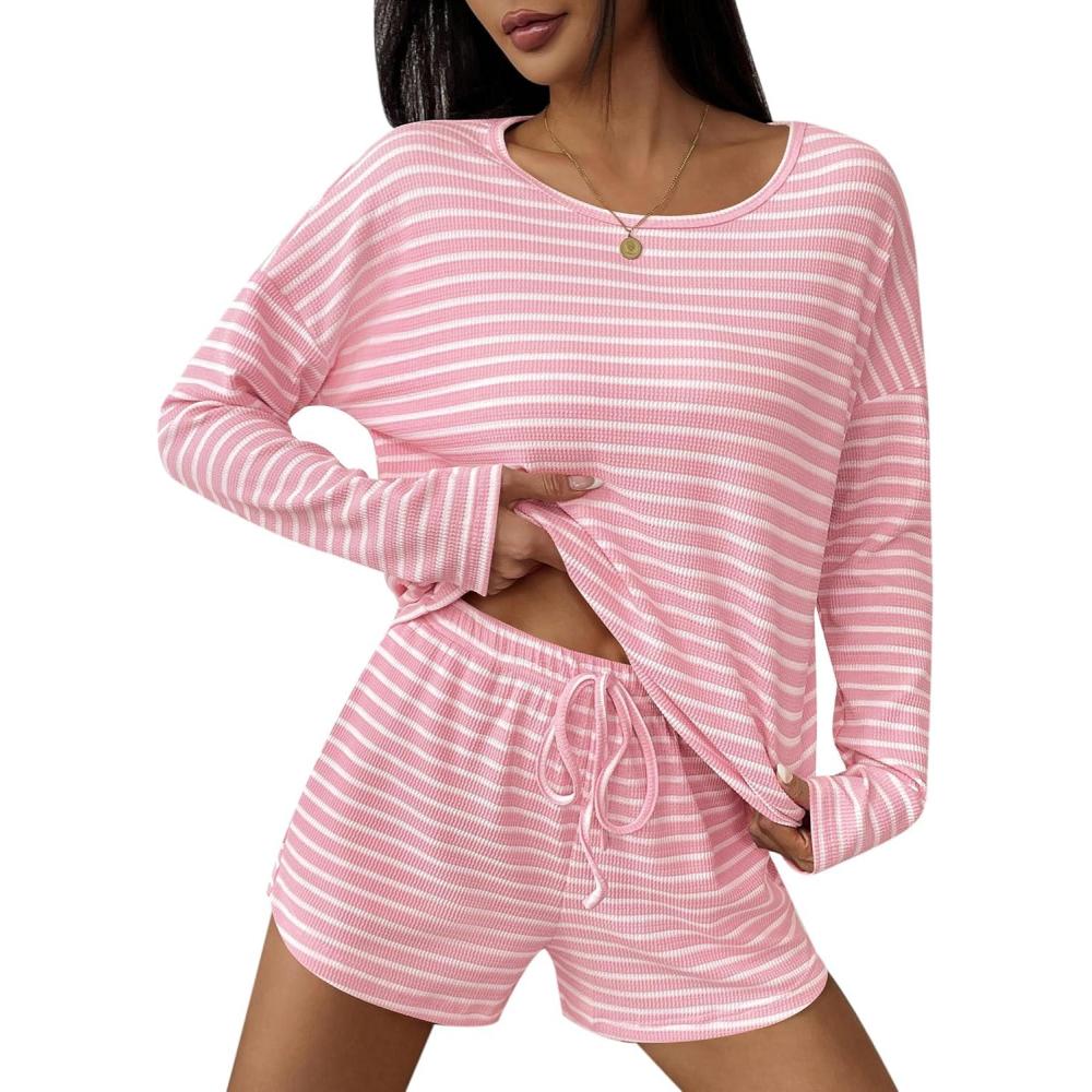 imageEkouaer 3 Piece Waffle Knit Lounge Set for Women Long Sleeve and Cami Top with Shorts Pajama Sets for All SeasonsWhitePink