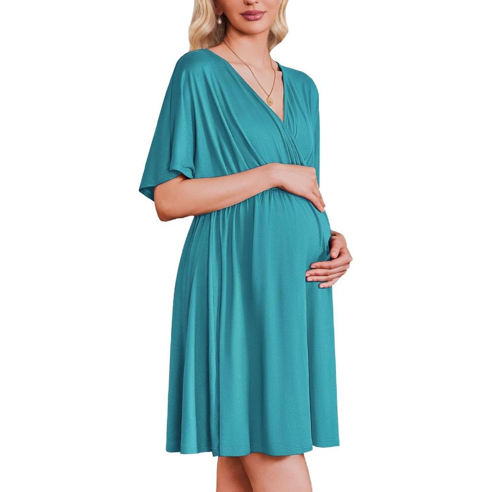 imageEkouaer 3 in 1 Labor and Delivery Gown for Hospital Short Sleeve Maternity Nursing Dress Nightgown Postpartum SleepwearBlue Green
