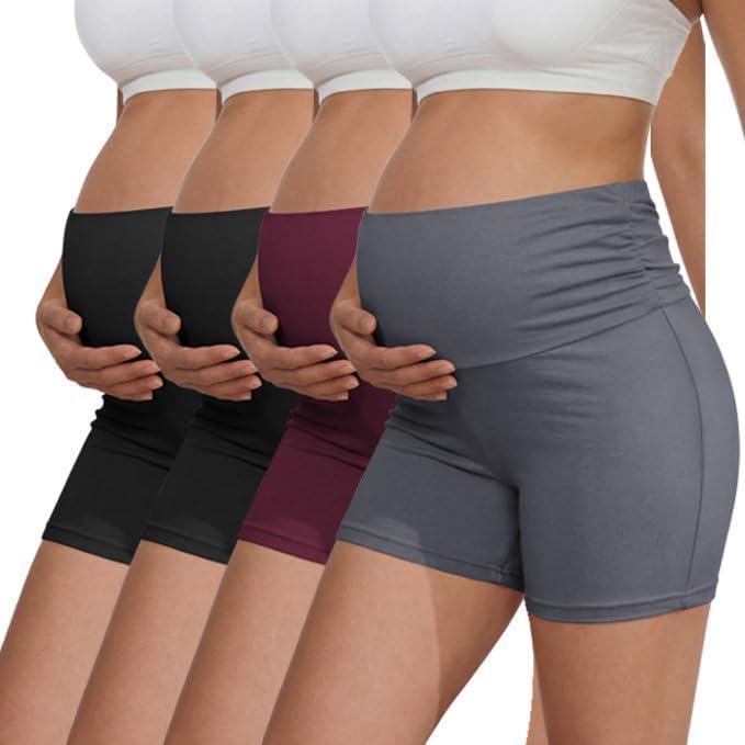 imageEkouaer 4 Pack Womens Maternity Shorts Pregnancy Biker Shorts Stretchy Workout Loungewear Mama ClothesBlackBlackMaroonDark Grey
