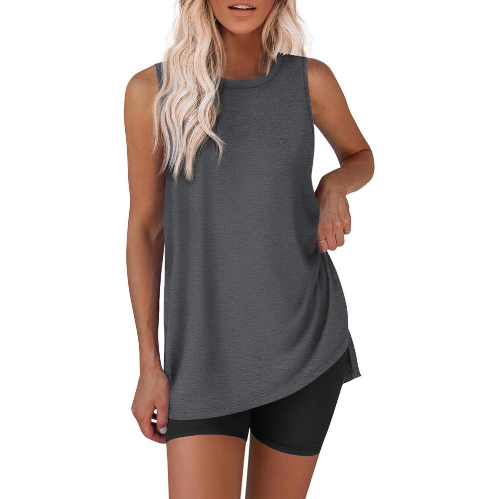 imageEkouaer Biker Short Sets Womens 2 Piece Lounge Set 2026 Summer Matching Outfits Sleeveless Loungewear clothingDark Grey