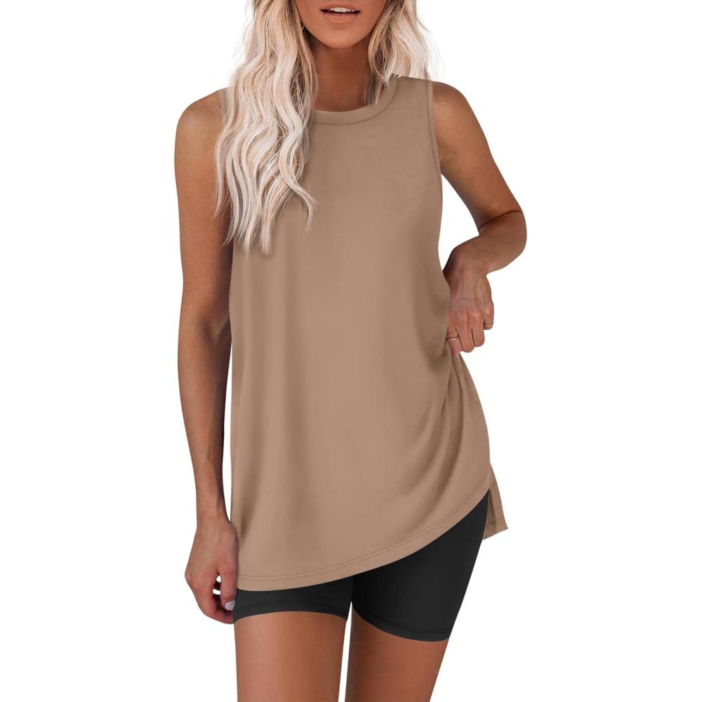 imageEkouaer Biker Short Sets Womens 2 Piece Lounge Set 2026 Summer Matching Outfits Sleeveless Loungewear clothingKhaki