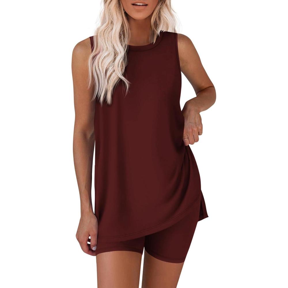 imageEkouaer Biker Short Sets Womens 2 Piece Lounge Set 2026 Summer Matching Outfits Sleeveless Loungewear clothingWine Red