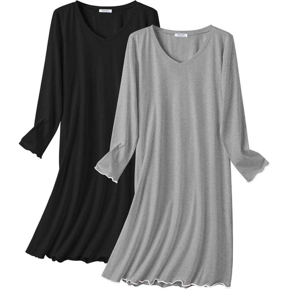 imageEkouaer Cotton Nightgowns for Women 2 Pack Night Gown Long Sleeve Sleepshirts V Neck Night Shirt Soft SleepwearBlackGray