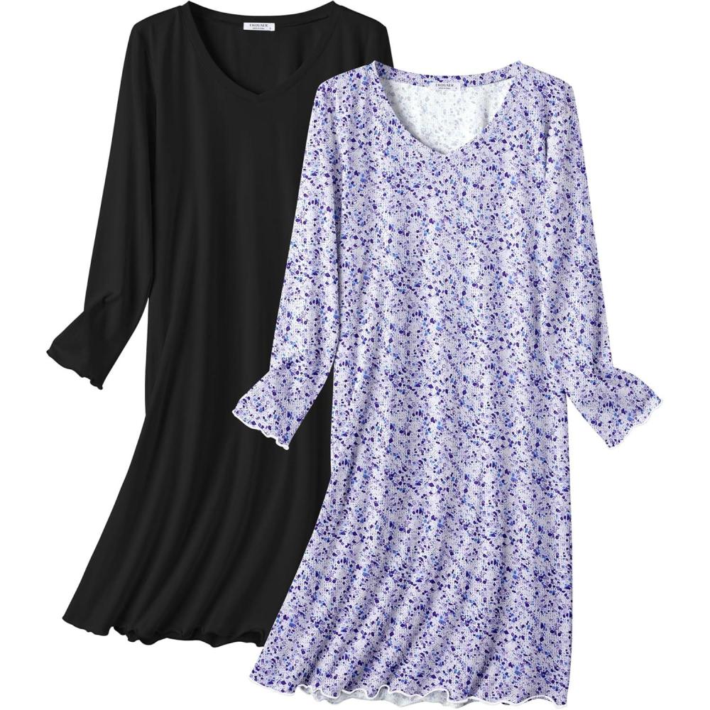 imageEkouaer Cotton Nightgowns for Women 2 Pack Night Gown Long Sleeve Sleepshirts V Neck Night Shirt Soft SleepwearBlackPurple Floral
