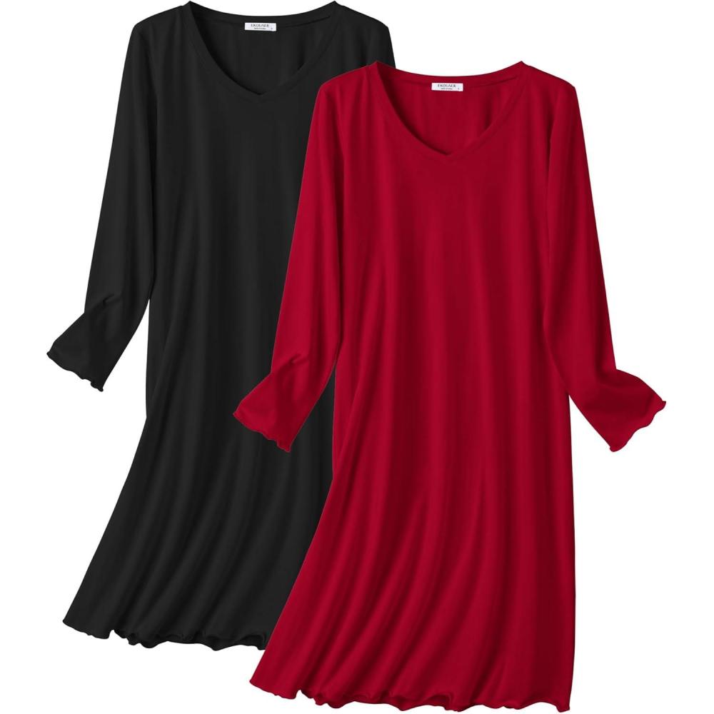 imageEkouaer Cotton Nightgowns for Women 2 Pack Night Gown Long Sleeve Sleepshirts V Neck Night Shirt Soft SleepwearBlackWine Red
