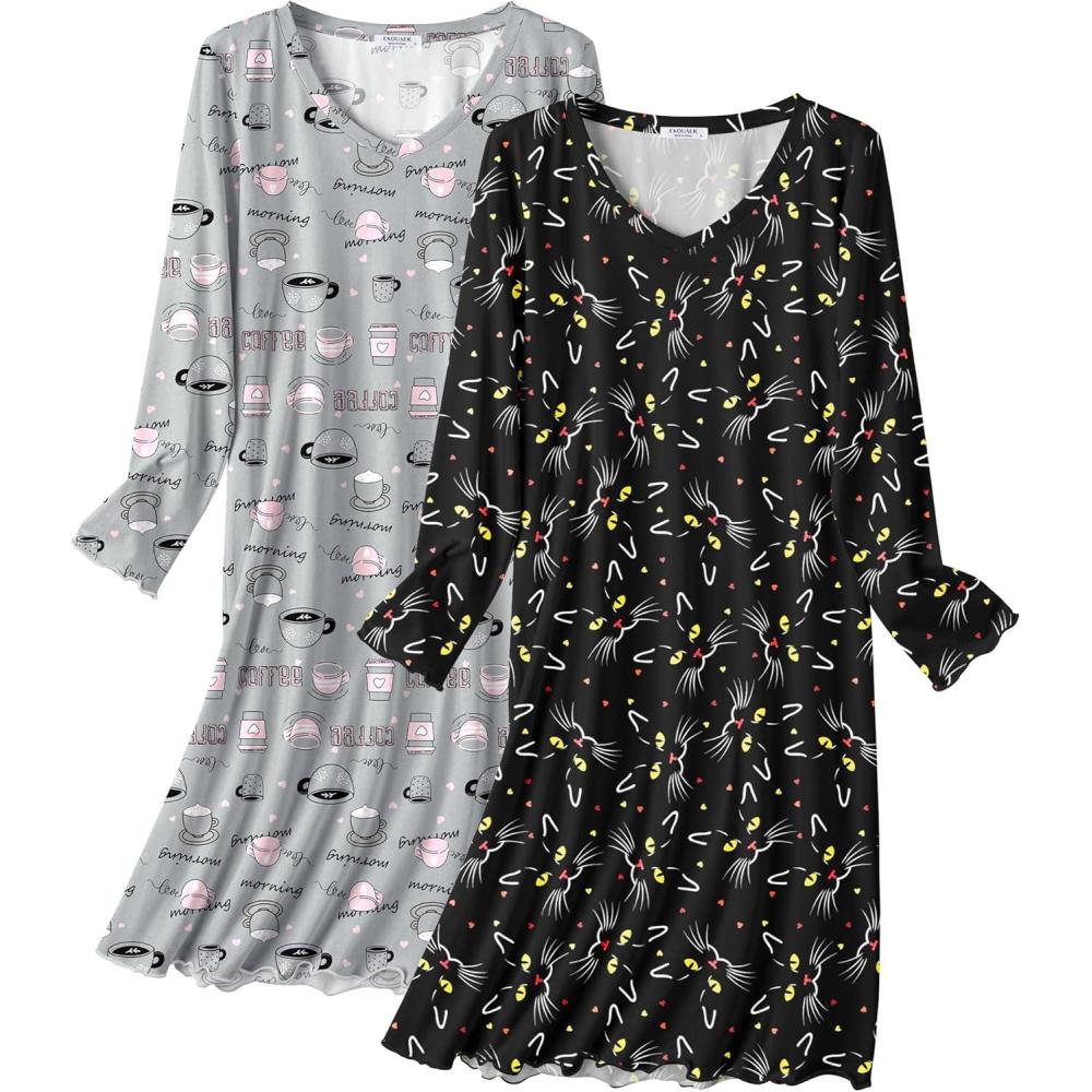 imageEkouaer Cotton Nightgowns for Women 2 Pack Night Gown Long Sleeve Sleepshirts V Neck Night Shirt Soft SleepwearCoffee PrintBlack Cat