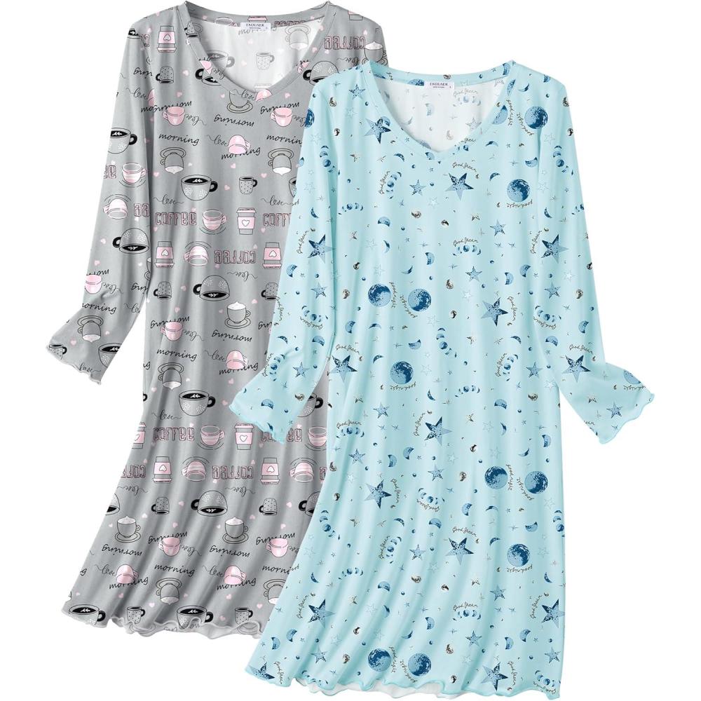 imageEkouaer Cotton Nightgowns for Women 2 Pack Night Gown Long Sleeve Sleepshirts V Neck Night Shirt Soft SleepwearCoffee PrintMoon Star