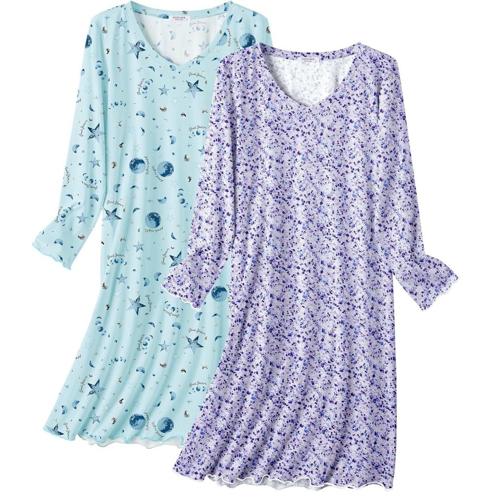 imageEkouaer Cotton Nightgowns for Women 2 Pack Night Gown Long Sleeve Sleepshirts V Neck Night Shirt Soft SleepwearMoon StarPurple Floral