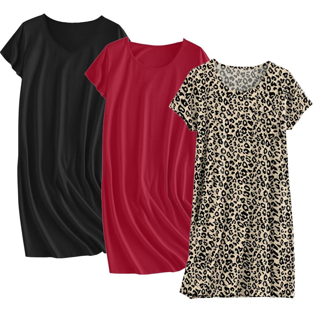 imageEkouaer Cotton Nightgowns for Women 3 Pack Sleepshirts Short Sleeve Night Shirt Tshirt Night Gown Print Sleepwear DressBlackWine RedLeopard