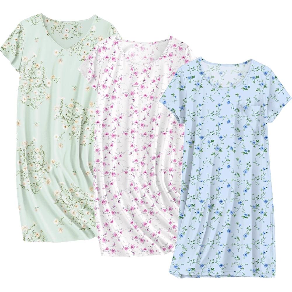 imageEkouaer Cotton Nightgowns for Women 3 Pack Sleepshirts Short Sleeve Night Shirt Tshirt Night Gown Print Sleepwear DressLittle DaisyBlue FloralWhite Pink Floral