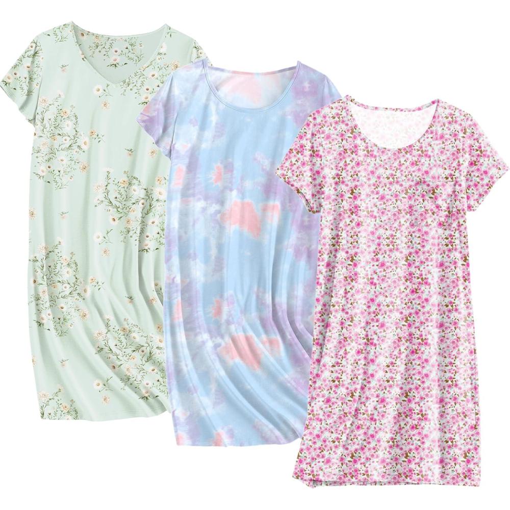 imageEkouaer Cotton Nightgowns for Women 3 Pack Sleepshirts Short Sleeve Night Shirt Tshirt Night Gown Print Sleepwear DressLittle DaisyPink FloralTie Dye