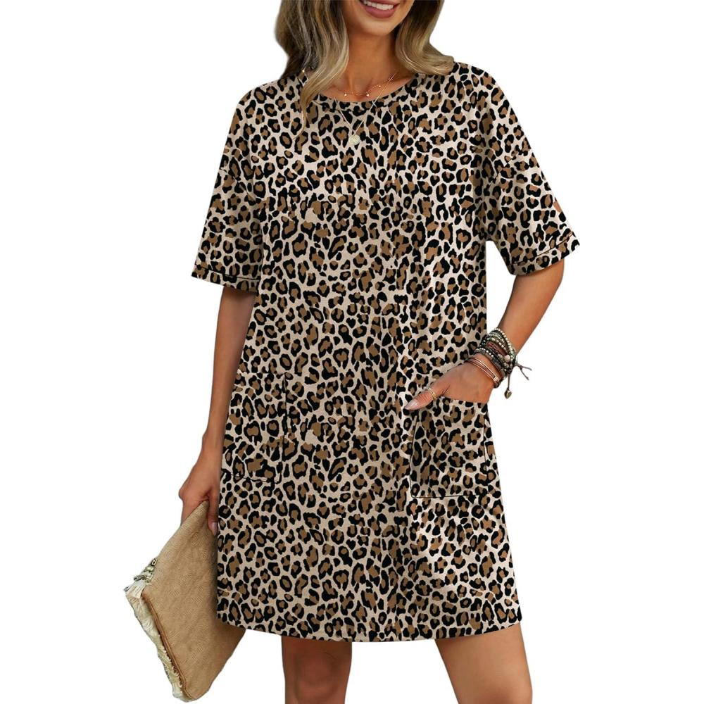 imageEkouaer Cotton Nightgowns for Women Short Sleeve Sleep Shirts Crew Neck Night Dress Nightshirt with Pockets S2XLLeopard Print