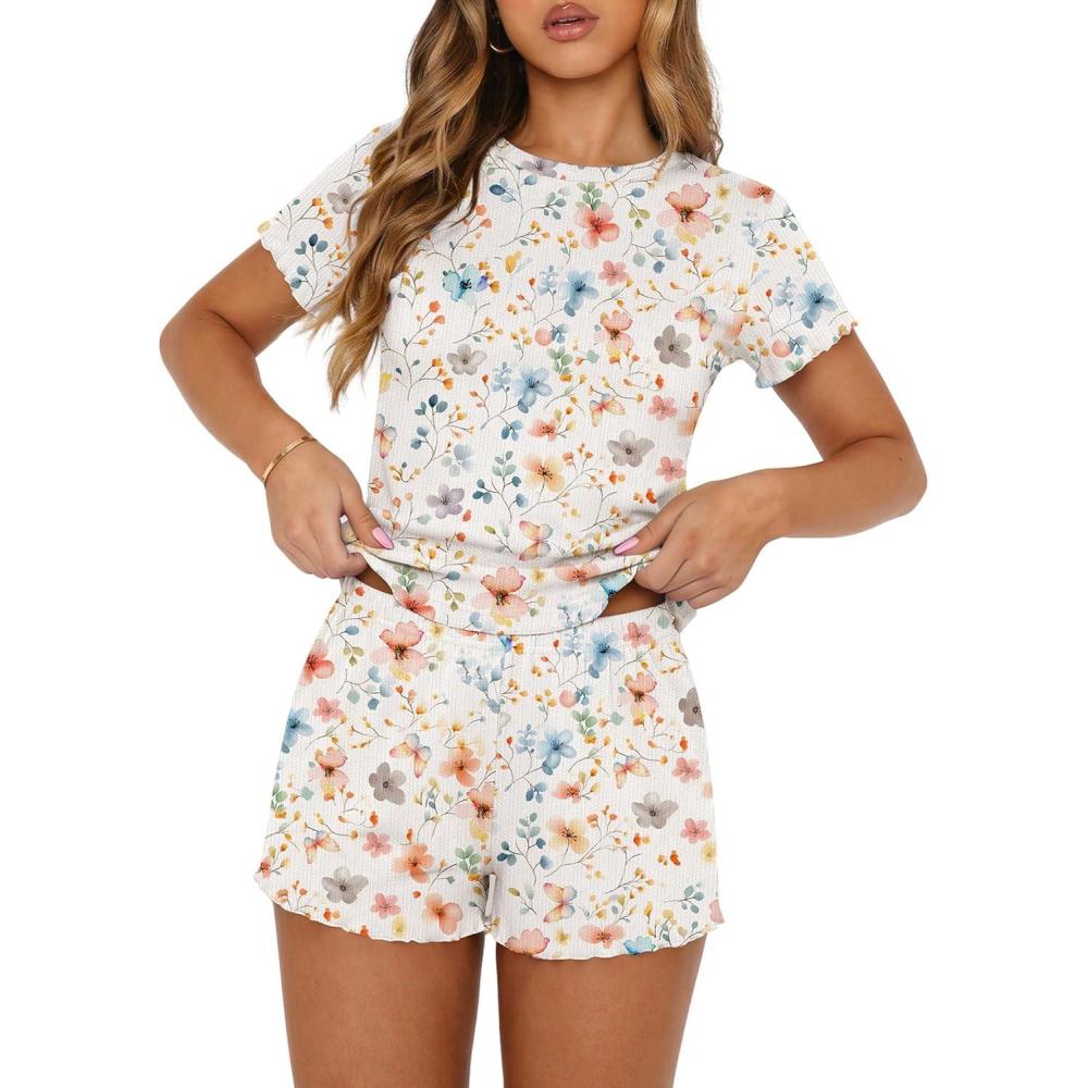 imageEkouaer Cute Pajama Sets for Women 2 Piece Short Sleeve Ribbed Pjs Crop Top and Shorts Sleepwear Summer Y2K Lounge SetsColorful Flowers