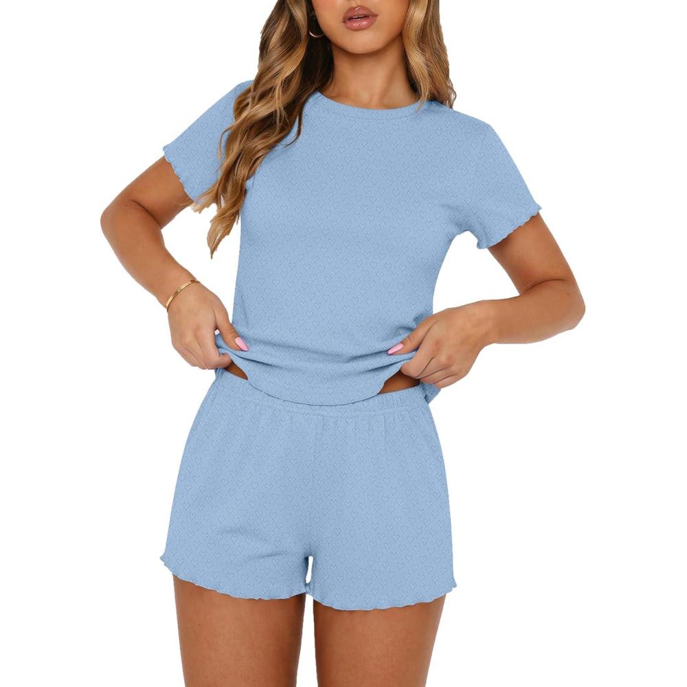 imageEkouaer Cute Pajama Sets for Women 2 Piece Short Sleeve Ribbed Pjs Crop Top and Shorts Sleepwear Summer Y2K Lounge SetsLight Blue