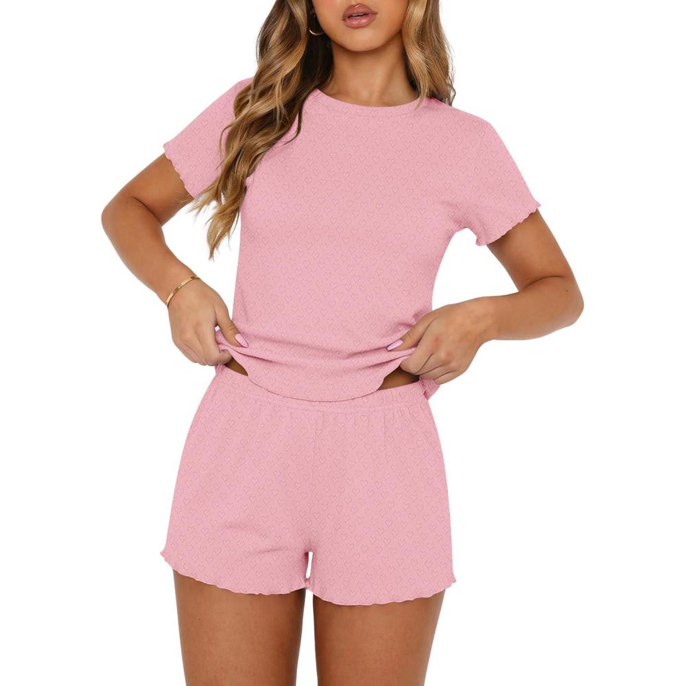 imageEkouaer Cute Pajama Sets for Women 2 Piece Short Sleeve Ribbed Pjs Crop Top and Shorts Sleepwear Summer Y2K Lounge SetsPink
