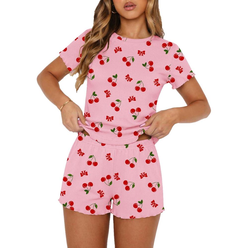 imageEkouaer Cute Pajama Sets for Women 2 Piece Short Sleeve Ribbed Pjs Crop Top and Shorts Sleepwear Summer Y2K Lounge SetsPink Cherry