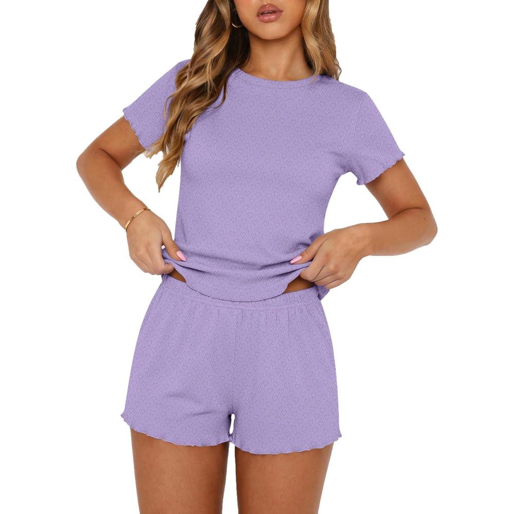 imageEkouaer Cute Pajama Sets for Women 2 Piece Short Sleeve Ribbed Pjs Crop Top and Shorts Sleepwear Summer Y2K Lounge SetsPurple