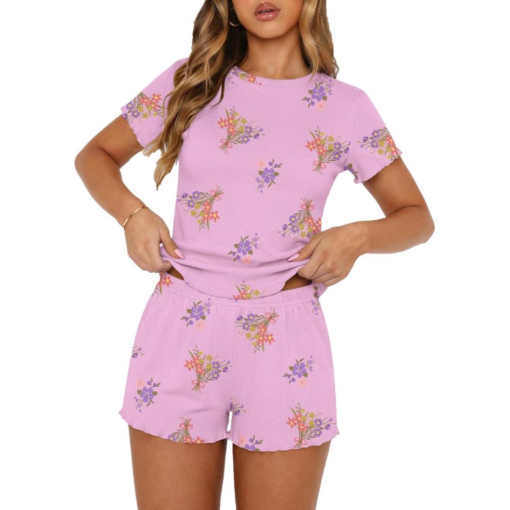 imageEkouaer Cute Pajama Sets for Women 2 Piece Short Sleeve Ribbed Pjs Crop Top and Shorts Sleepwear Summer Y2K Lounge SetsPurple Flowers