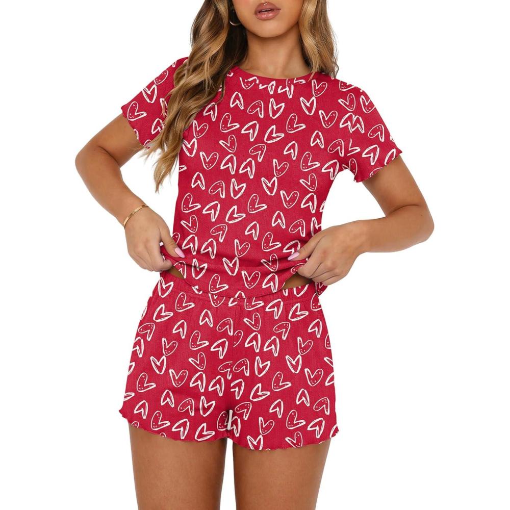 imageEkouaer Cute Pajama Sets for Women 2 Piece Short Sleeve Ribbed Pjs Crop Top and Shorts Sleepwear Summer Y2K Lounge SetsRed Love
