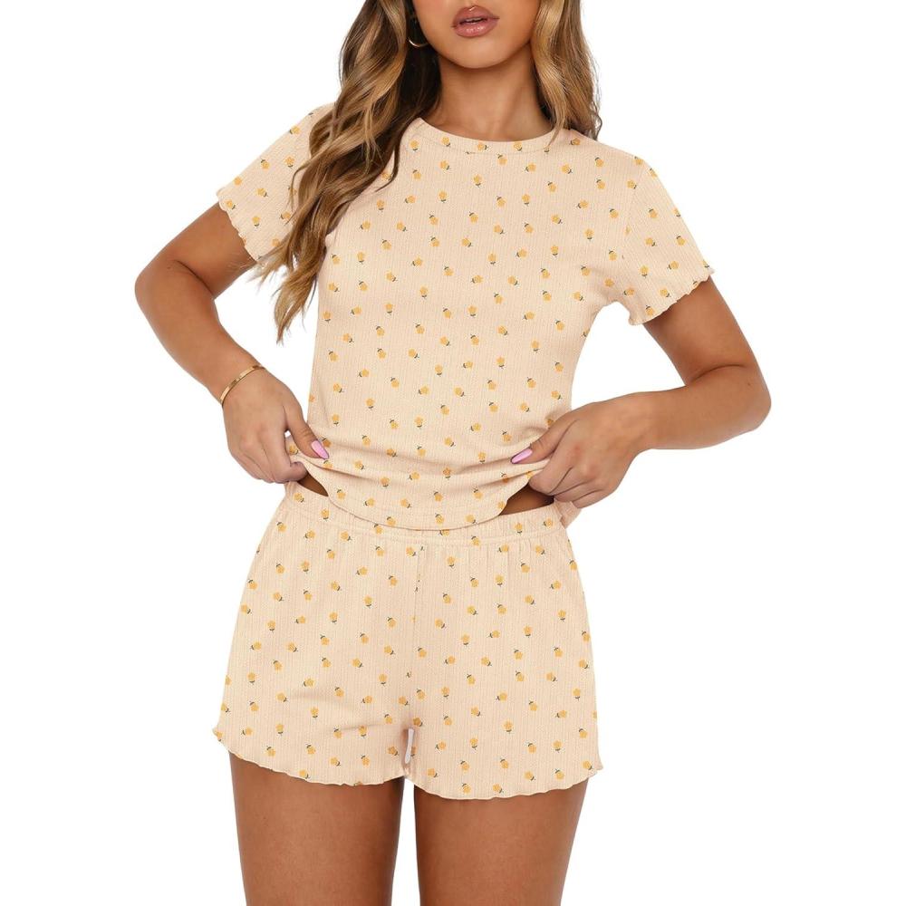 imageEkouaer Cute Pajama Sets for Women 2 Piece Short Sleeve Ribbed Pjs Crop Top and Shorts Sleepwear Summer Y2K Lounge SetsYellow Flowers