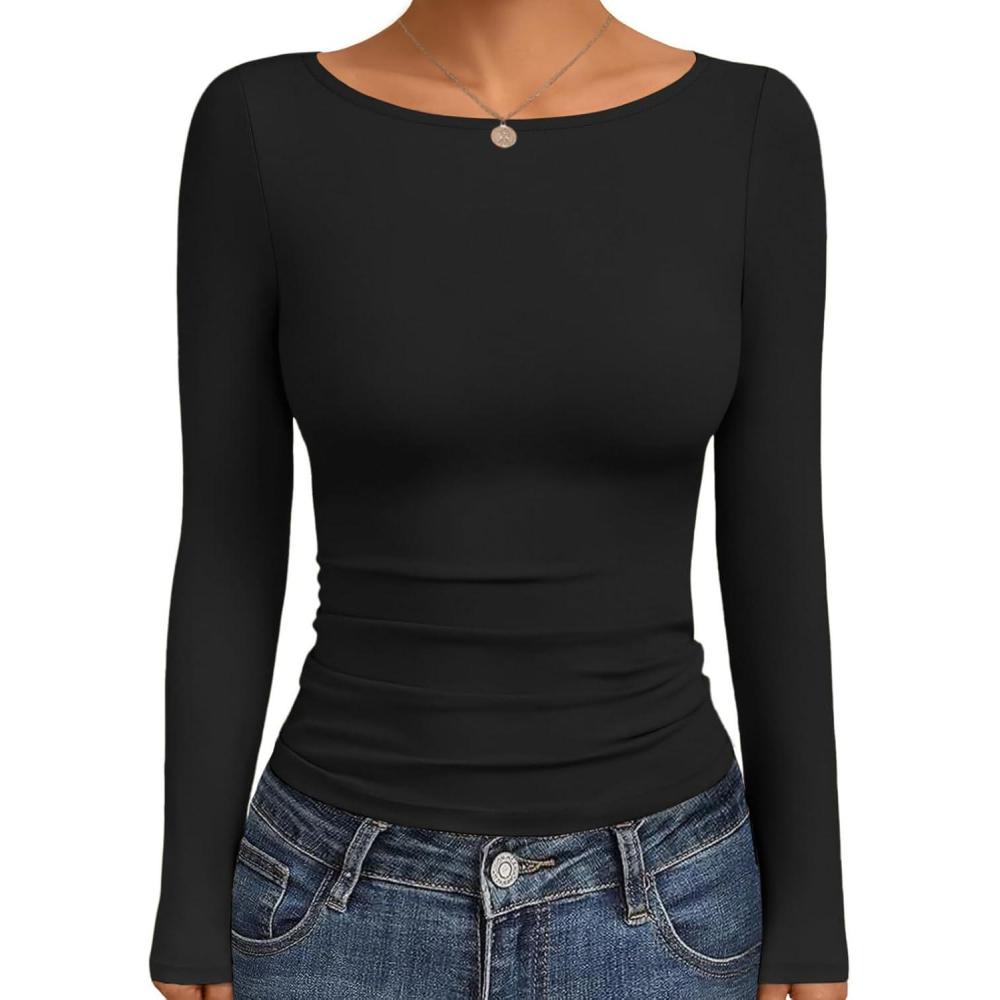 imageEkouaer Long Sleeve Shirts Boat Neck Tops Casual UndershirtsBlack