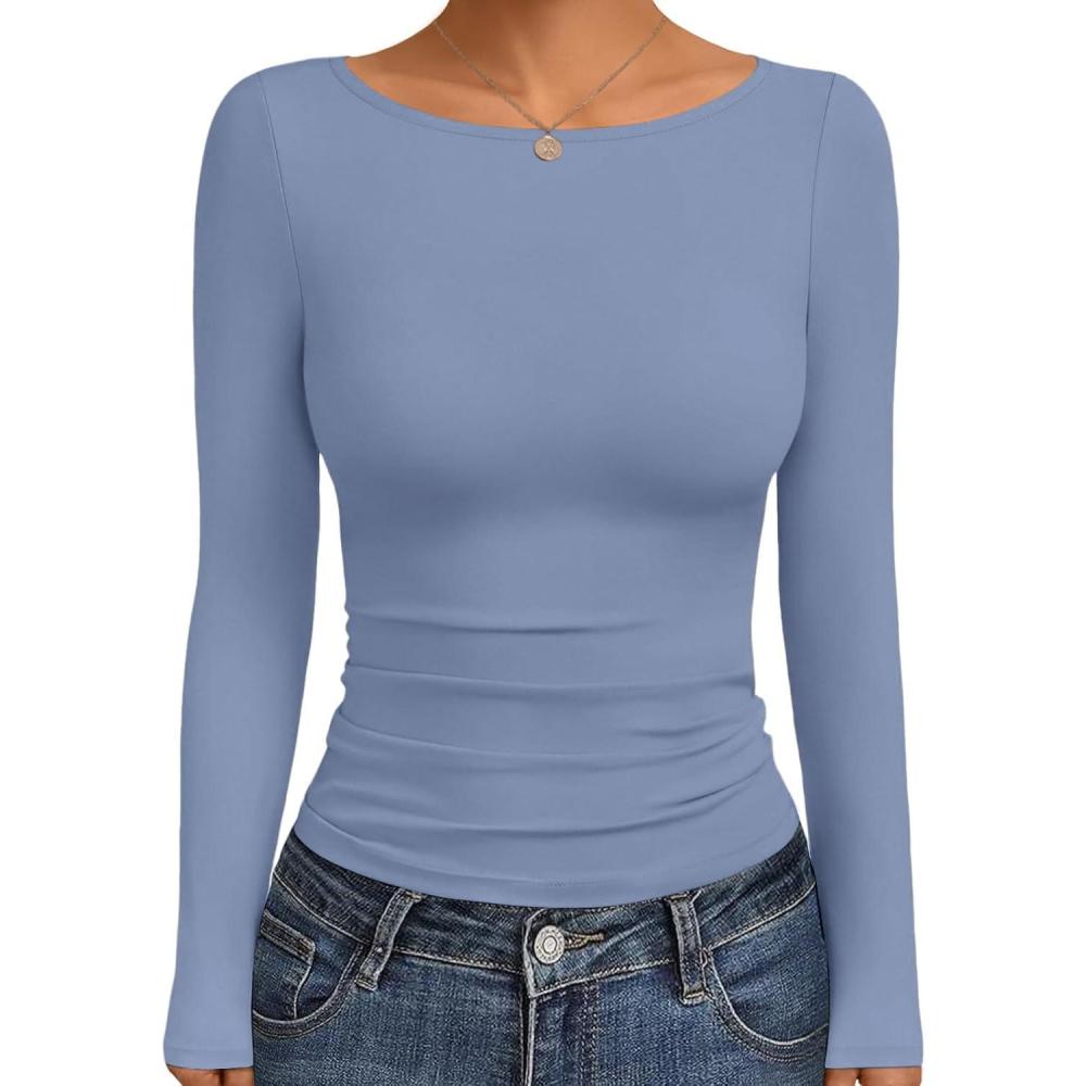 imageEkouaer Long Sleeve Shirts Boat Neck Tops Casual UndershirtsBlue