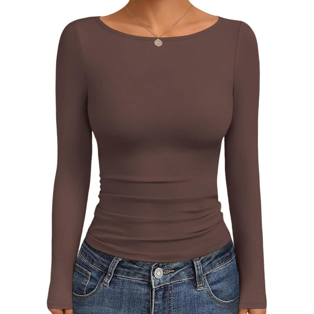 imageEkouaer Long Sleeve Shirts Boat Neck Tops Casual UndershirtsBrown