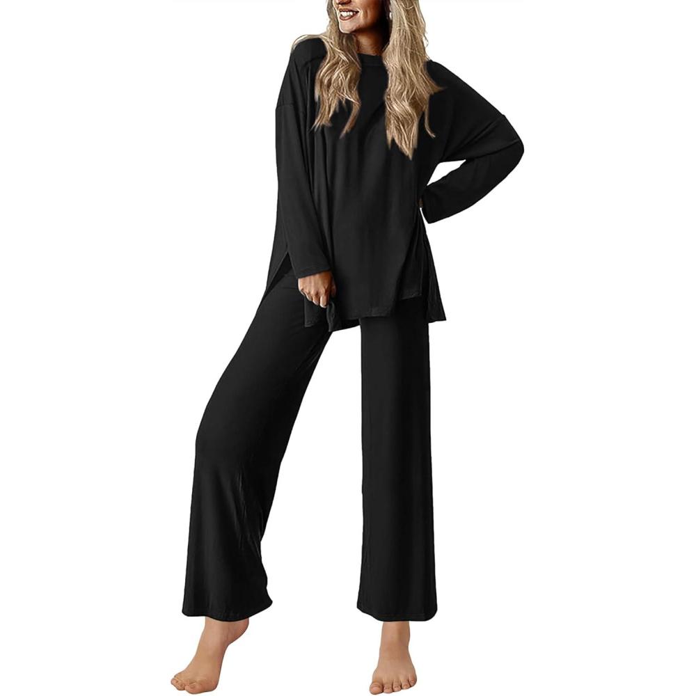 imageEkouaer Lounge Sets for Women Long Sleeve Pajamas 2026 Loungewear Soft Comfy Pjs Two Piece Travel Outfits SetBlack