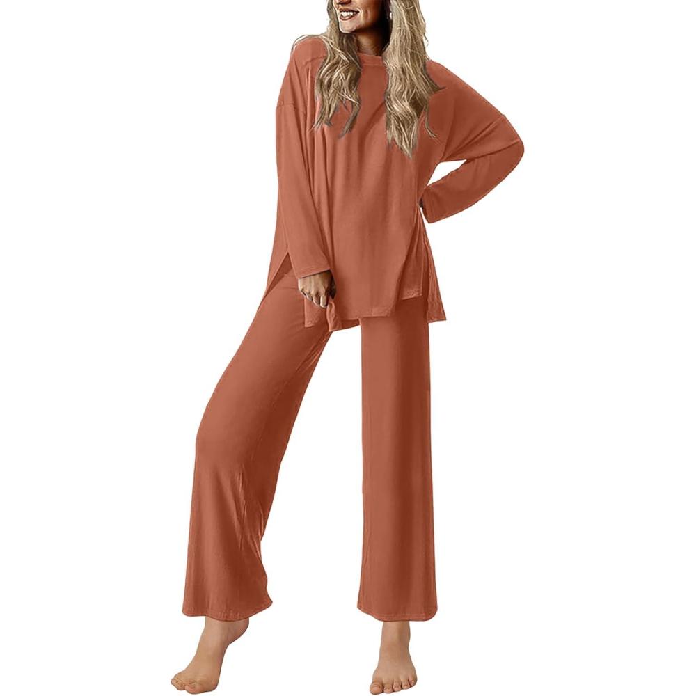 imageEkouaer Lounge Sets for Women Long Sleeve Pajamas 2026 Loungewear Soft Comfy Pjs Two Piece Travel Outfits SetCamel
