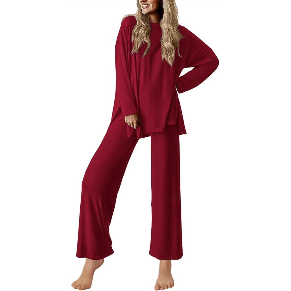 imageEkouaer Lounge Sets for Women Long Sleeve Pajamas 2026 Loungewear Soft Comfy Pjs Two Piece Travel Outfits SetWine Red
