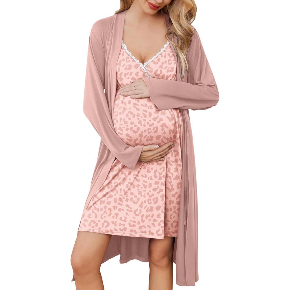 imageEkouaer Maternity Nursing Gown and Robe Set Lace Nursing Nightgown for Breastfeeding Labor Delivery gowns for HospitalLeopard Pink