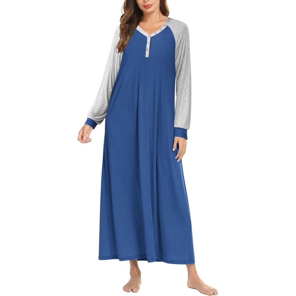 imageEkouaer Nightgown Long Sleeve for Women Sleepwear V Neck Loungewear Button Full Length NightshirtNavy