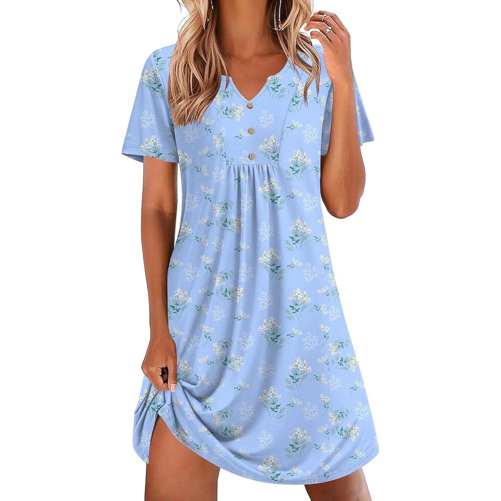imageEkouaer Nightgowns for Women Cotton Night Gowns Pleated Nightshirts Henley V Neck Sleepshirts Short Sleeve SleepwearCyan White Florals