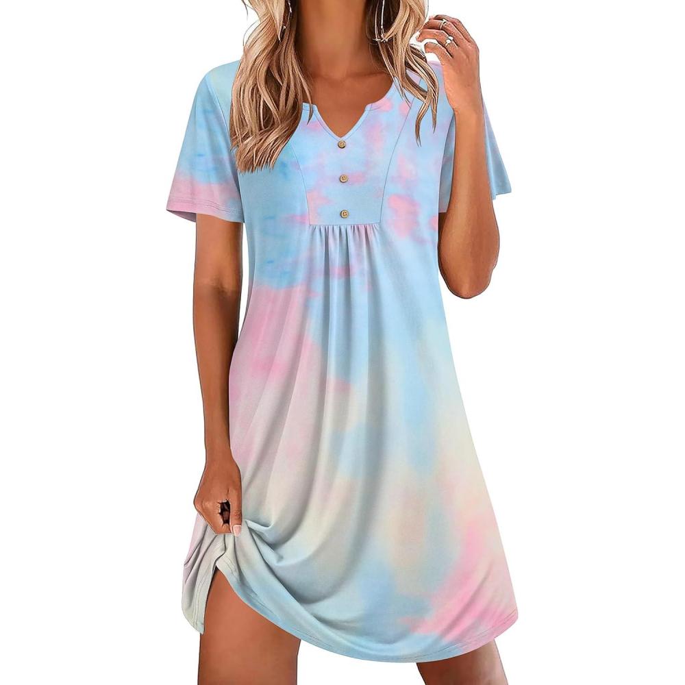 imageEkouaer Nightgowns for Women Cotton Night Gowns Pleated Nightshirts Henley V Neck Sleepshirts Short Sleeve SleepwearPink Yellow Tie Dye