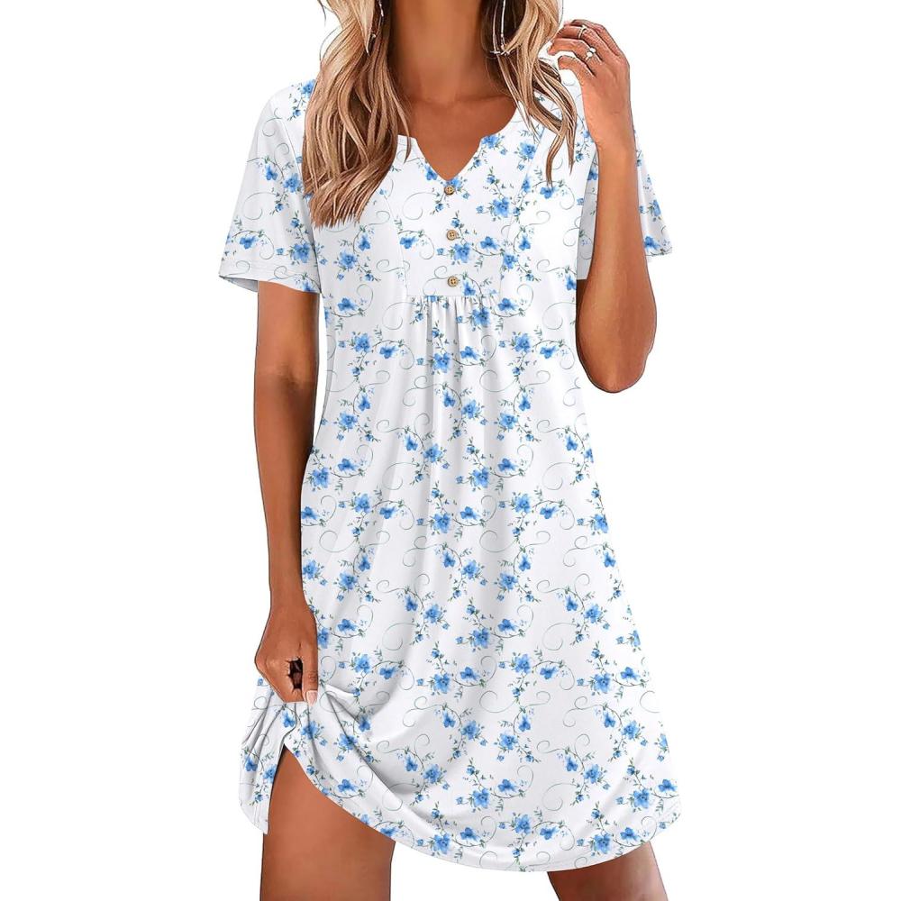 imageEkouaer Nightgowns for Women Cotton Night Gowns Pleated Nightshirts Henley V Neck Sleepshirts Short Sleeve SleepwearWhite Blue Florals