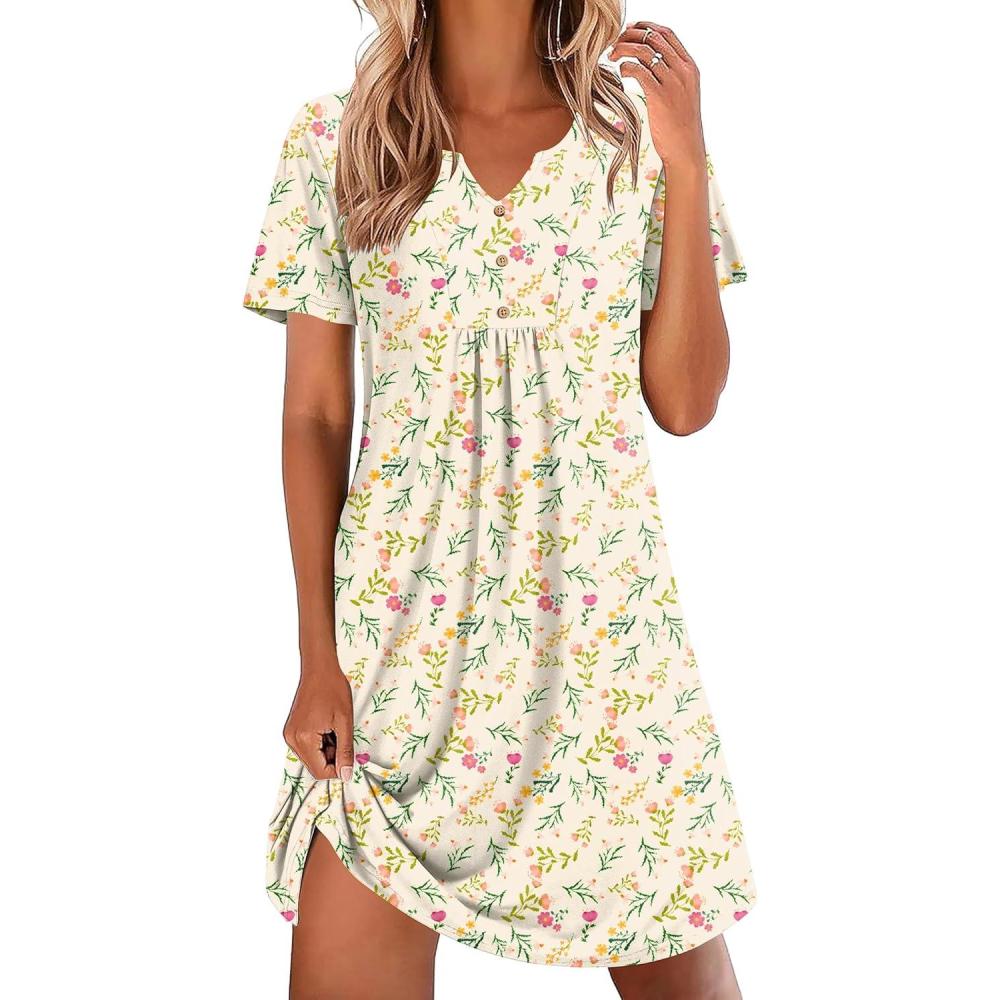 imageEkouaer Nightgowns for Women Cotton Night Gowns Pleated Nightshirts Henley V Neck Sleepshirts Short Sleeve SleepwearYellow Red Florals
