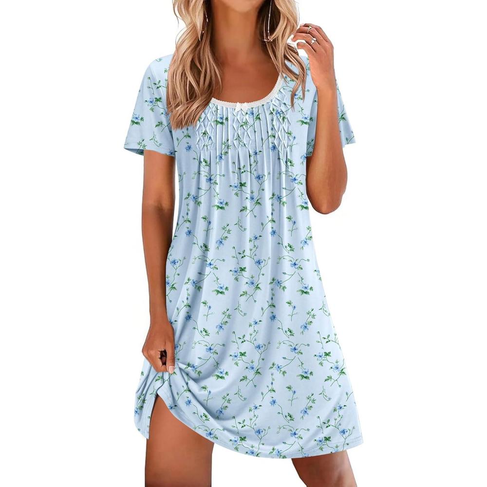 imageEkouaer Nightgowns for Women Pleated Sleep Shirts Short Sleeve Night Shirts Lace Trim Night Gown Ladies Sleep DressFloral Blue