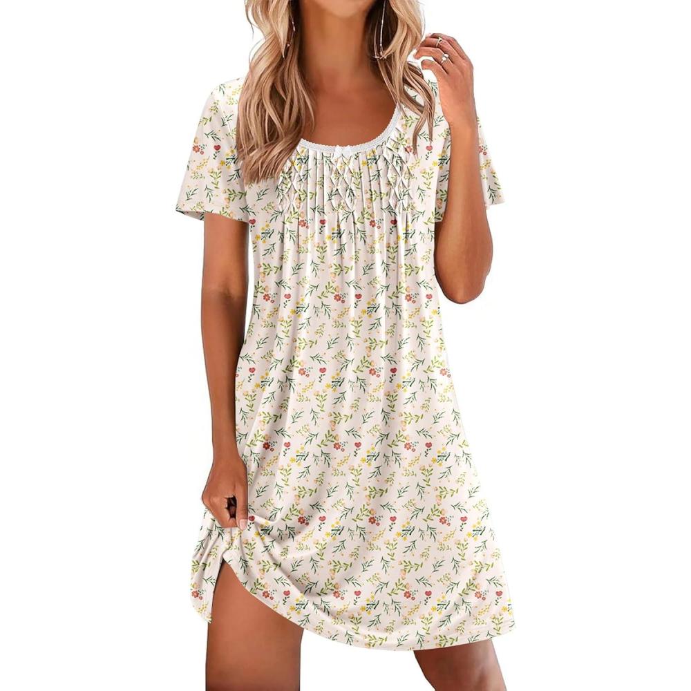 imageEkouaer Nightgowns for Women Pleated Sleep Shirts Short Sleeve Night Shirts Lace Trim Night Gown Ladies Sleep DressFloral Yellow