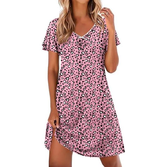 imageEkouaer Nightgowns for Women Short Sleeve Night Gown Comfy Sleep Shirt Soft Sleep Dress Pleated SleepwearPink Leopard Print