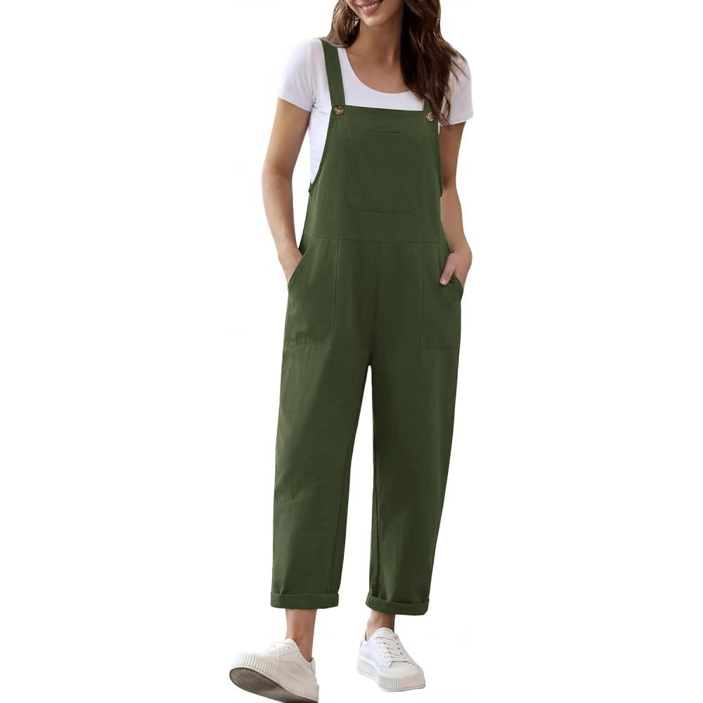 imageEkouaer Overalls for Women Baggy Bib Jumpers Casual Sleeveless Jumpsuits One Piece Long Pant Rompers with Pockets 2026Army Green