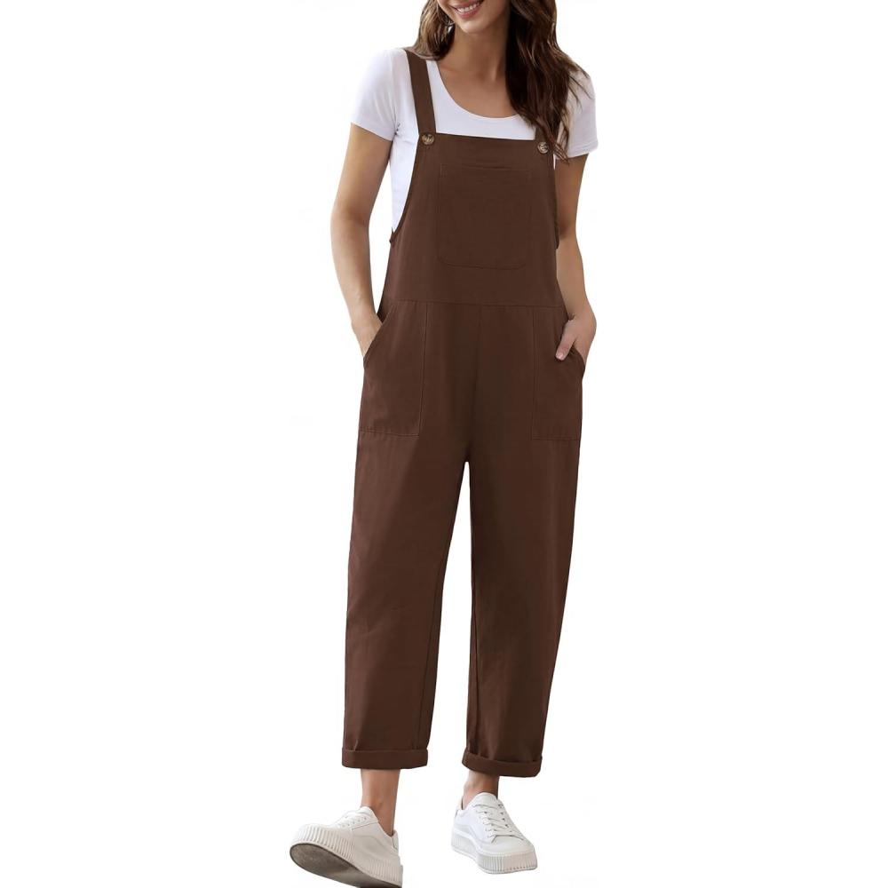 imageEkouaer Overalls for Women Baggy Bib Jumpers Casual Sleeveless Jumpsuits One Piece Long Pant Rompers with Pockets 2026Brown