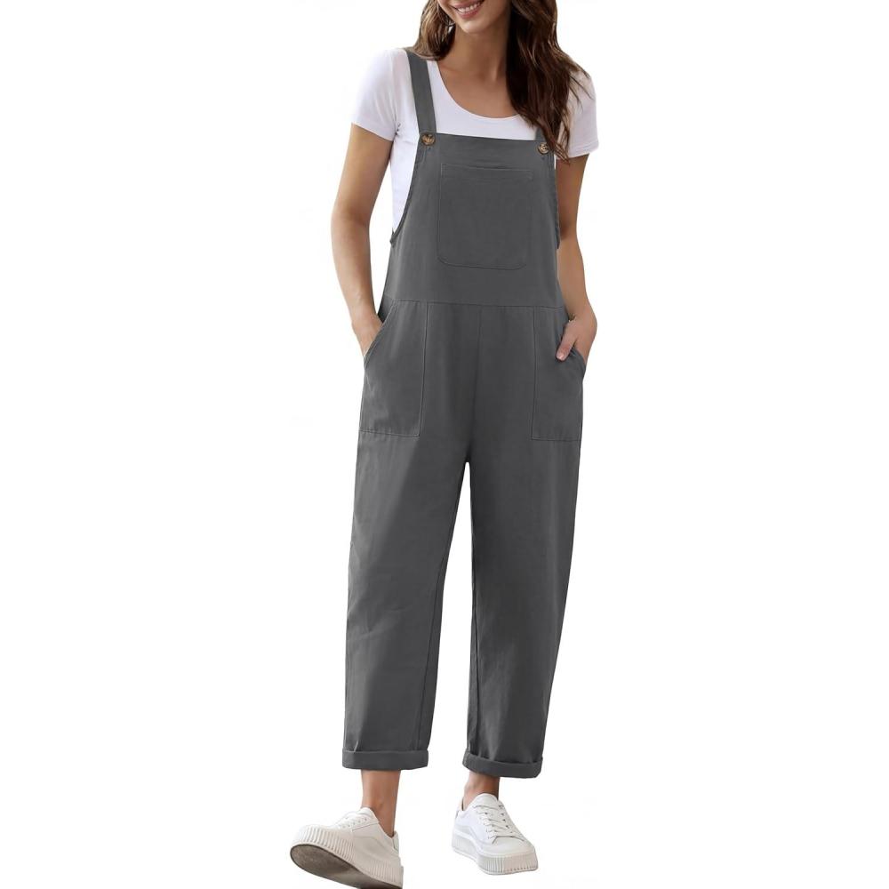 imageEkouaer Overalls for Women Baggy Bib Jumpers Casual Sleeveless Jumpsuits One Piece Long Pant Rompers with Pockets 2026Dark Grey