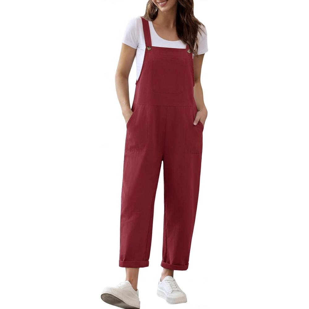 imageEkouaer Overalls for Women Baggy Bib Jumpers Casual Sleeveless Jumpsuits One Piece Long Pant Rompers with Pockets 2026Wine Red