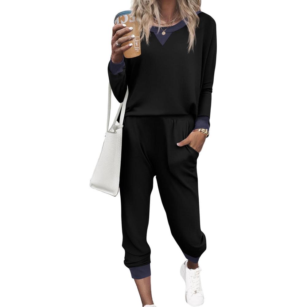 imageEkouaer Pajamas Set Long Sleeve Pj Sets 2 Piece Jogger Pajama Sets Soft Sleepwear Loungewear for WomenBlack