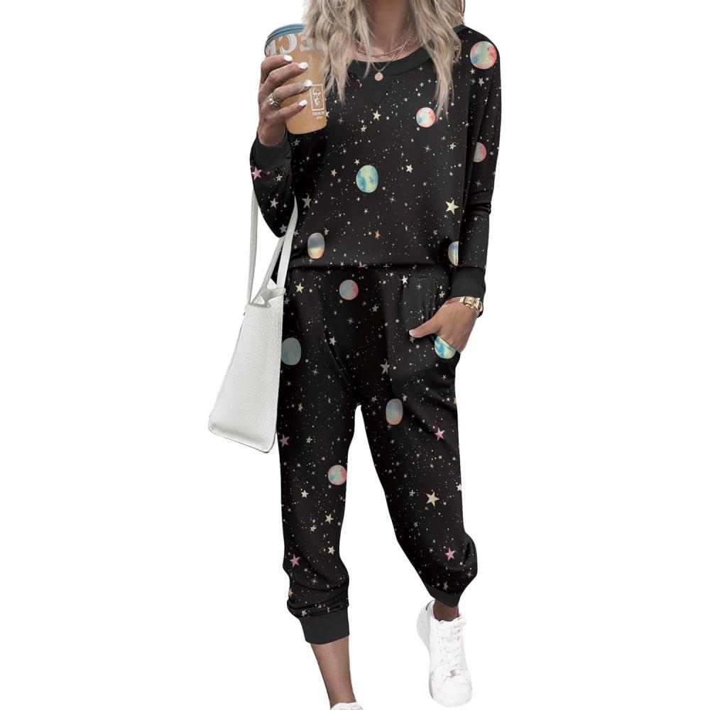 imageEkouaer Pajamas Set Long Sleeve Pj Sets 2 Piece Jogger Pajama Sets Soft Sleepwear Loungewear for WomenBlack Night Sky