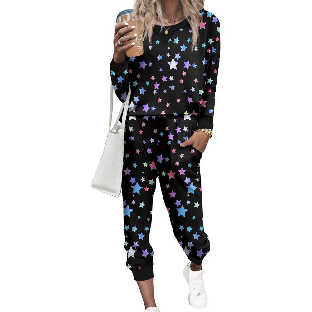 imageEkouaer Pajamas Set Long Sleeve Pj Sets 2 Piece Jogger Pajama Sets Soft Sleepwear Loungewear for WomenBlack Starry